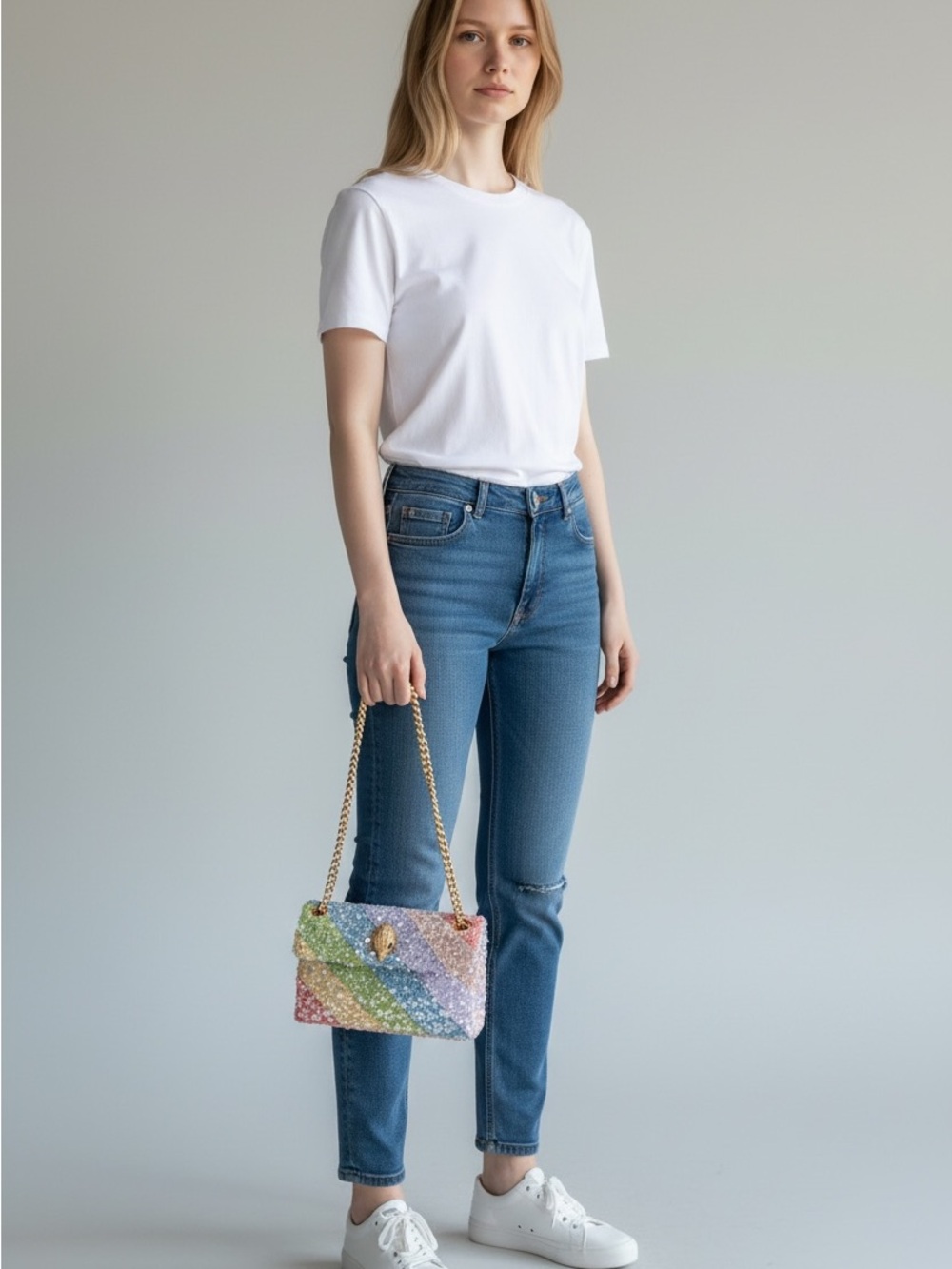 Kurt Geiger Kensington Denim Sequin Bead Rainbow Convertible Crossbody - Picture 2 of 8